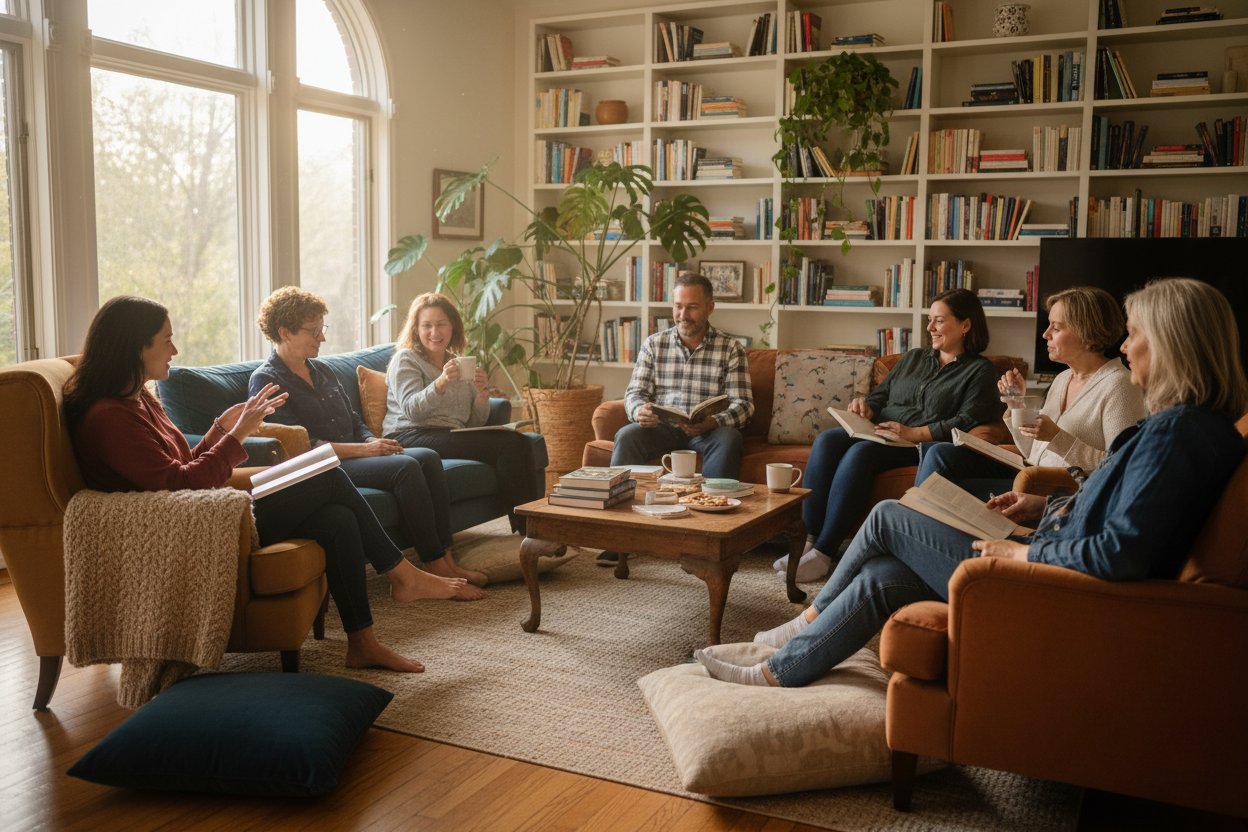 Book club meeting in beautiful living room