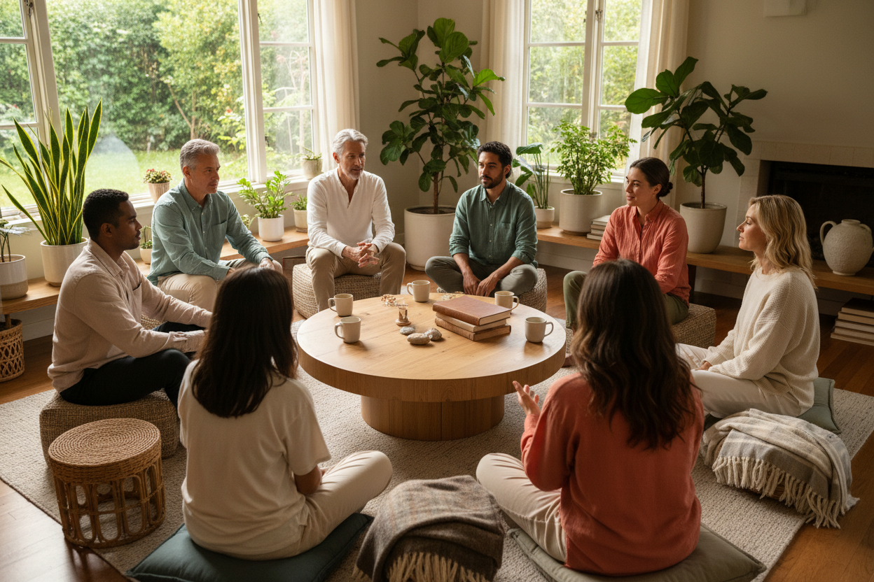 Intergenerational dialogue circle in beautiful living room