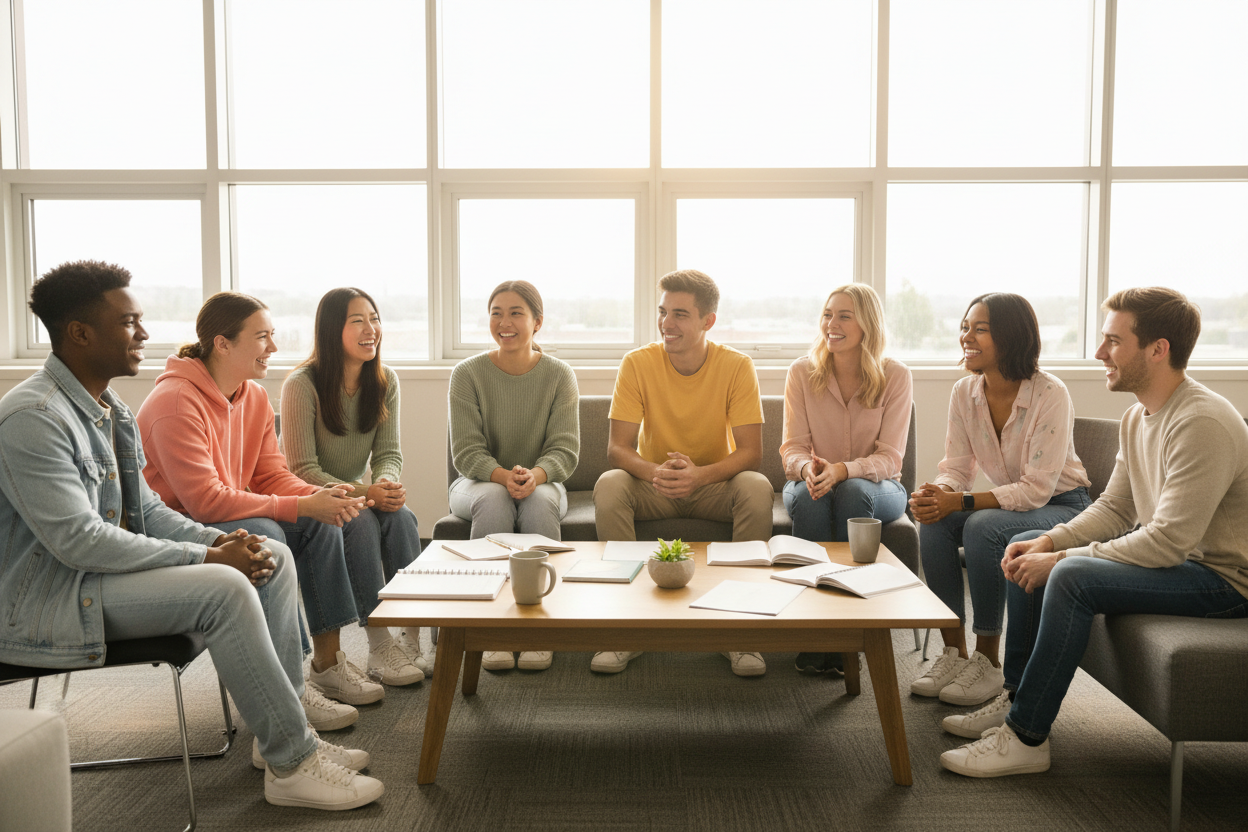 Joyful dialogue circle with smiling and laughing students