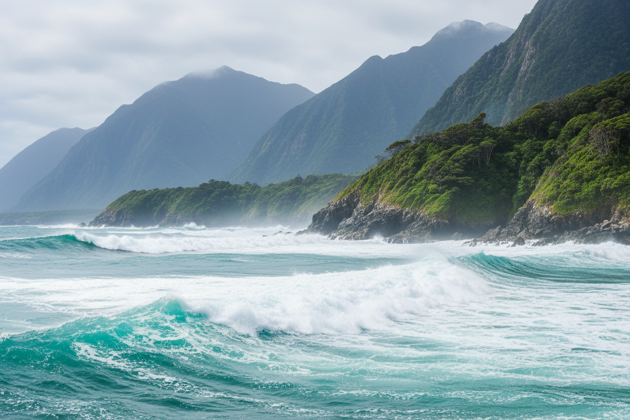 Turquoise waves with mountains and coastal greenery
